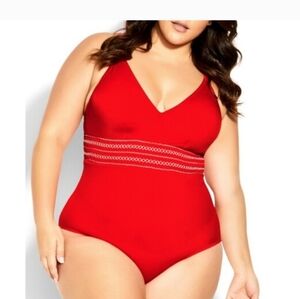 New With Tags,City Chic Red One-Piece Swimsuit, Criss Cross Back Size 16